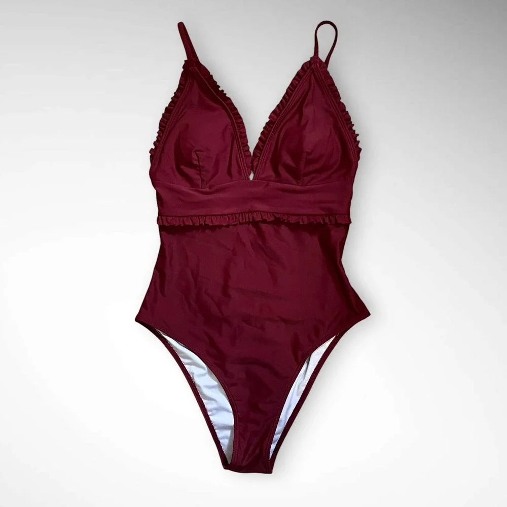 CUPSHE Burgundy Ruffle Trim One Piece Bathing Suit With Adjustable Straps | NWT‎
